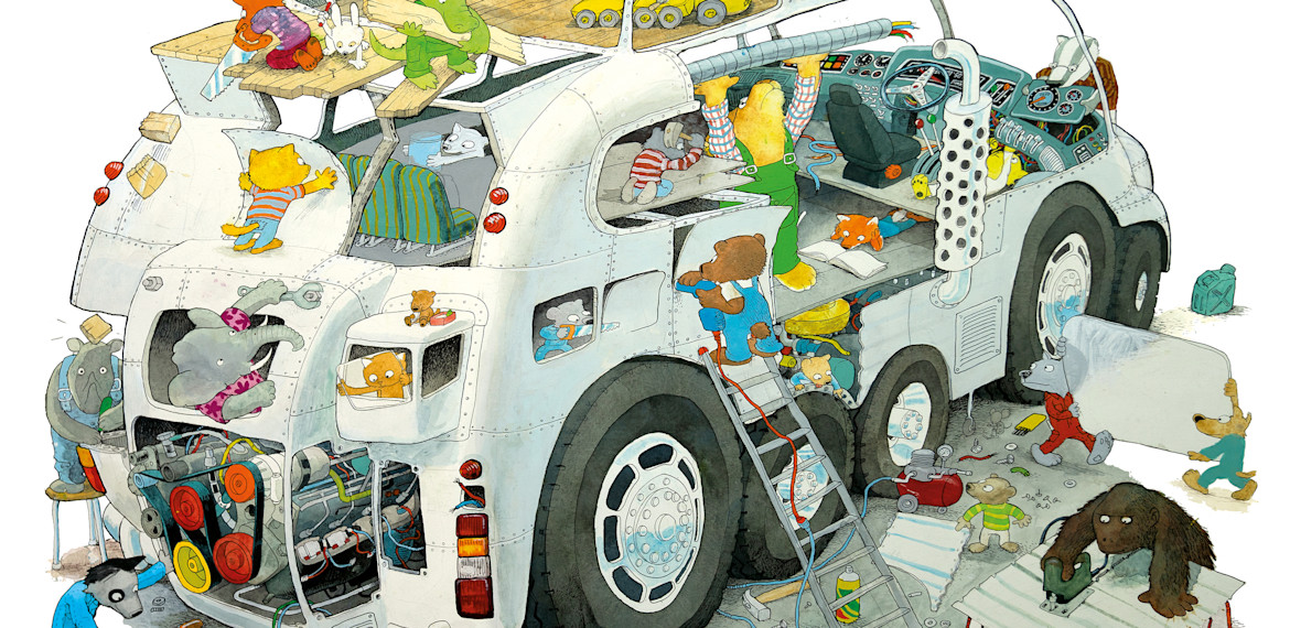 Et billeder fra bogen "Den fantastiske bus""